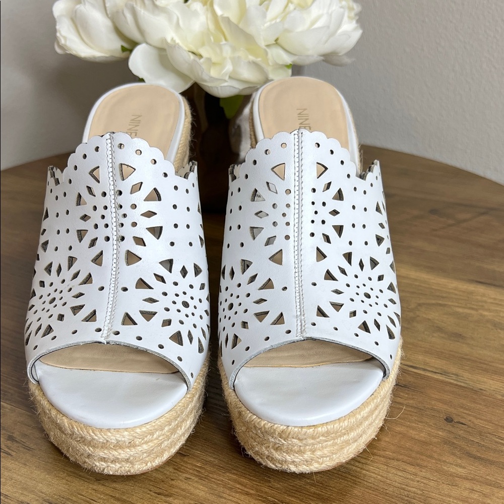 👡 Nine West White Laser Cut Espadrille Wedge Sandals Size 8M